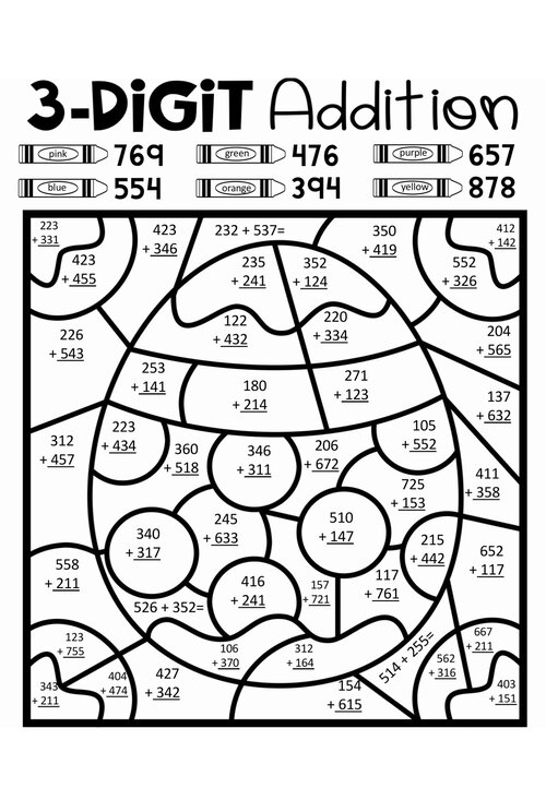 First grade student solving simple addition problems on colorful Easter eggs in a worksheet