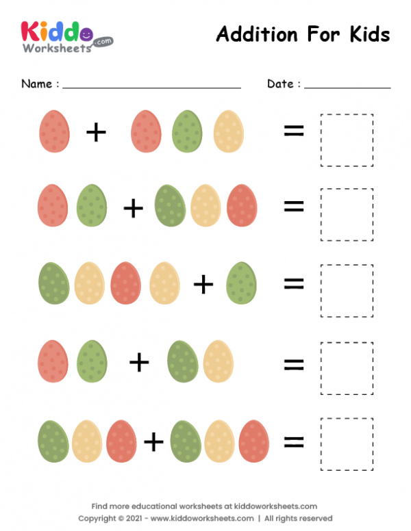 First grade student solving simple addition problems on colorful Easter eggs in a worksheet
