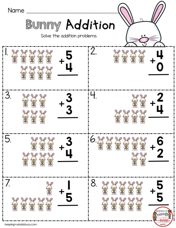 Easter addition practice worksheet featuring colorful picture equations for kindergarten students