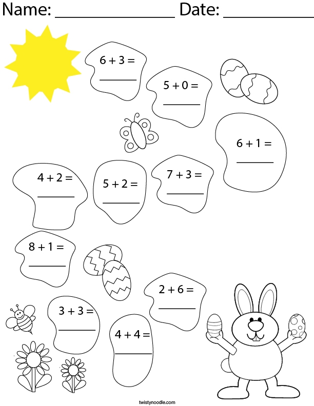 Easter addition practice worksheet featuring colorful picture equations for kindergarten students