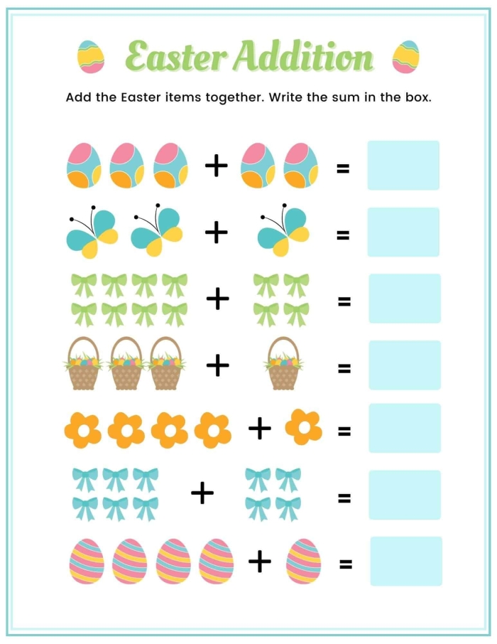Kindergarten student completing an Easter addition practice worksheet with picture equations