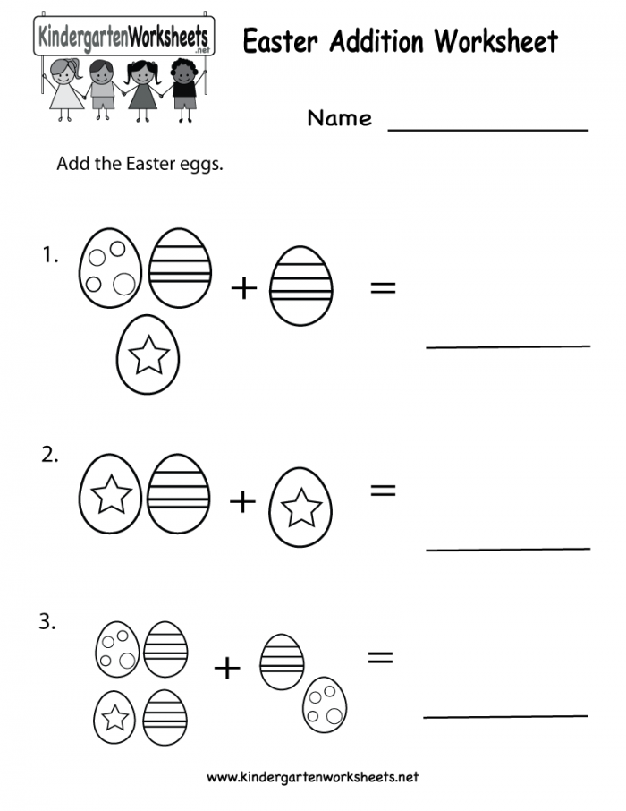 Easter addition practice worksheet featuring colorful picture equations for kindergarten students