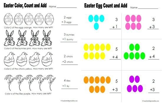 A busy bee collecting Easter eggs with numbers to add together for Pre-K math practice
