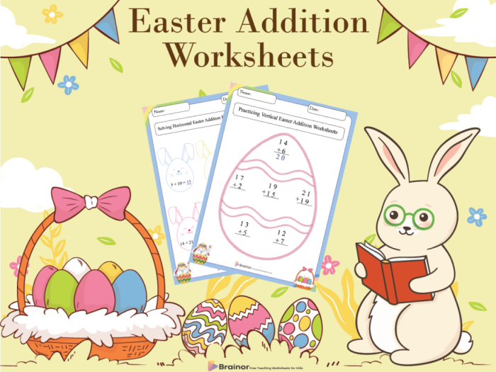 First grade student solving simple addition problems featuring colorful Easter eggs hidden in a yard