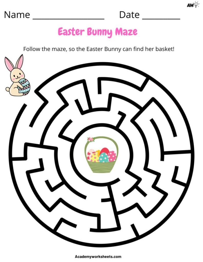 Easter Alphabet Maze worksheet for Pre-K students featuring a bunny tracing letters