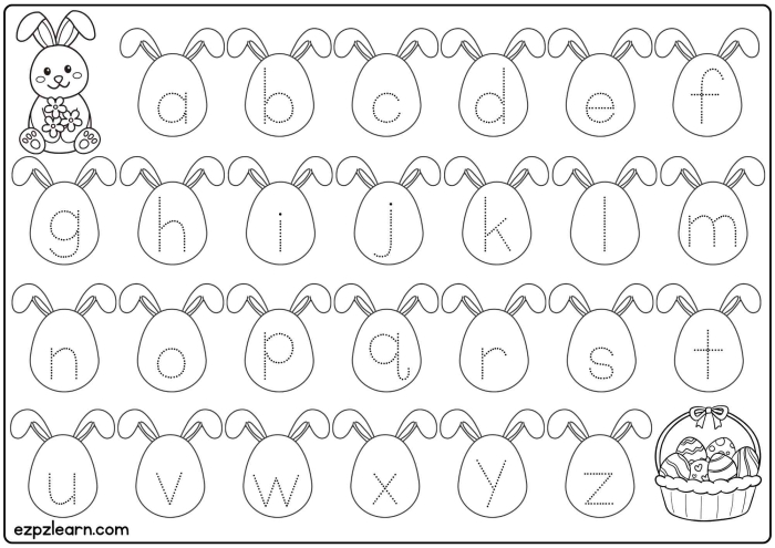 Easter Alphabet Maze worksheet for tracing letters and completing the path with the bunny