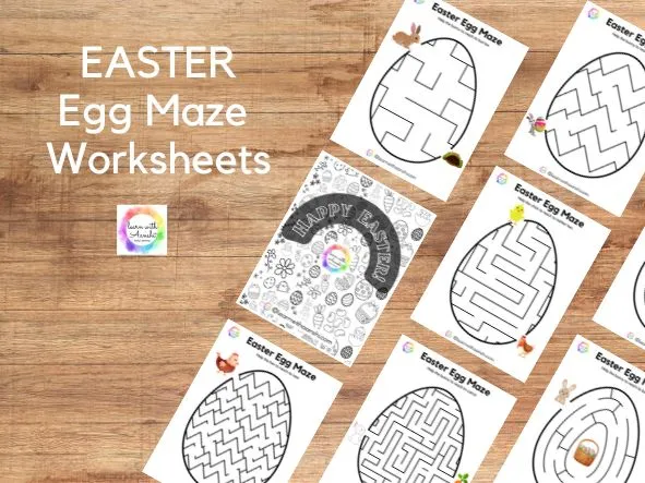 Pre-K student tracing letters on an Easter-themed alphabet maze worksheet