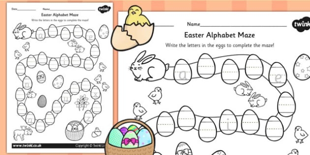 Easter Alphabet Maze worksheet for Pre-K children to trace letters and help the bunny find the path