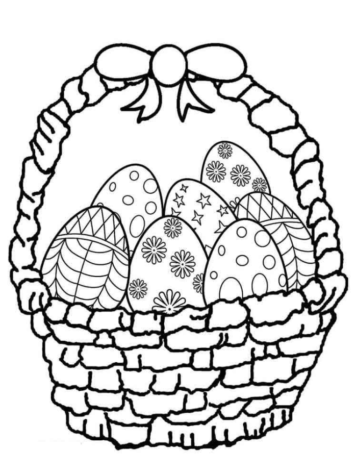 Easter basket coloring page featuring colorful painted eggs for preschoolers to enjoy