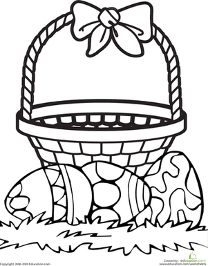 Kindergarten student coloring a festive Easter basket with three decorated eggs worksheet