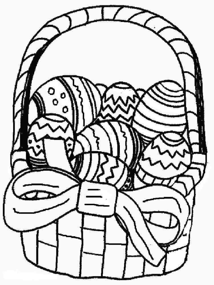 Easter basket coloring page featuring colorful painted eggs for preschoolers to color