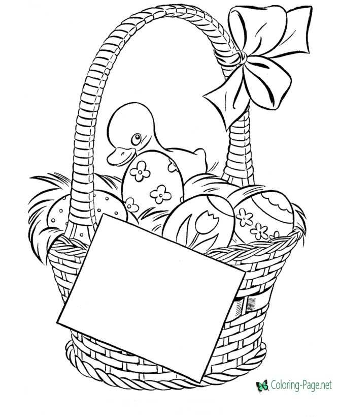 Coloring page featuring an Easter basket surrounded by three decorative eggs for children to color. Color the Easter Basket worksheet for kindergarten life science activities.