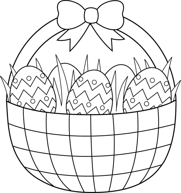 Kindergarten students coloring an Easter basket filled with three decorative eggs in this life science worksheet