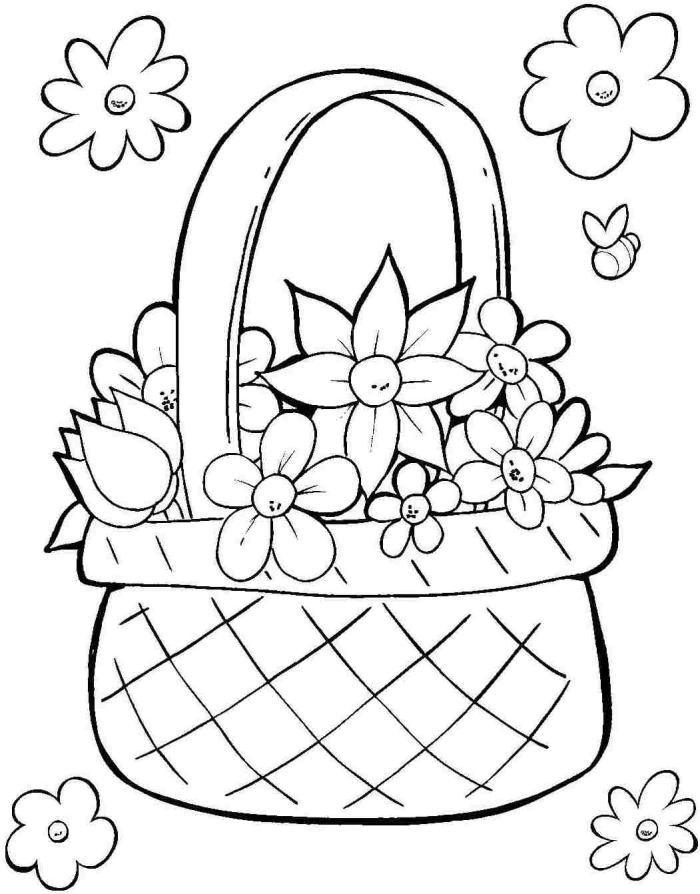 Easter basket filled with decorated eggs and spring flowers ready to color for Pre-K students