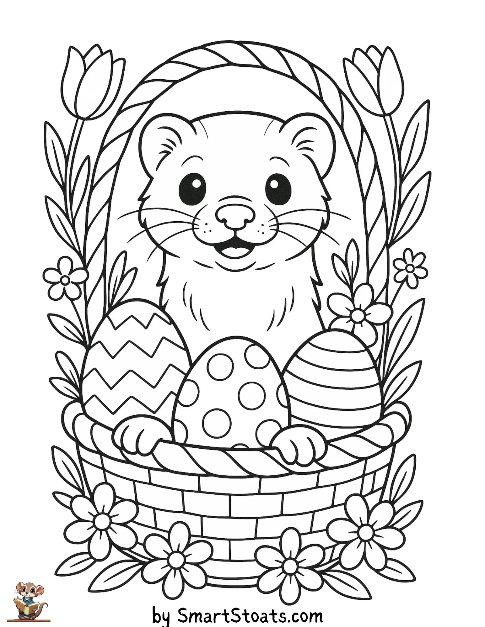 Pre-K student coloring a festive Easter basket page to practice phonics and fine motor skills