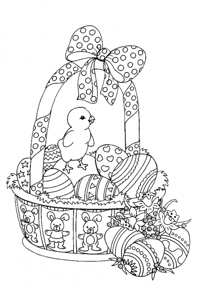 Preschool student coloring a festive Easter basket full of patterned eggs for a phonics activity