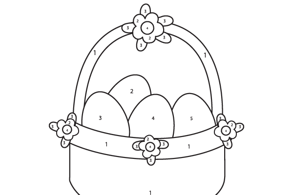 Easter basket coloring page featuring decorated eggs for preschool children