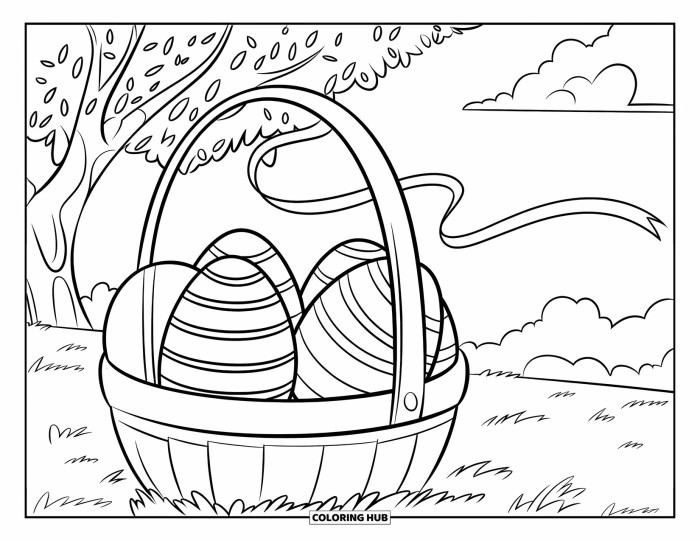 Easter basket coloring worksheet featuring three decorative eggs for children to color. Color the Easter Basket worksheet for kindergarten life science activities.