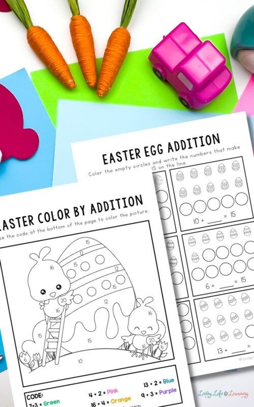 Easter bunny themed addition worksheet for kindergarten math practice