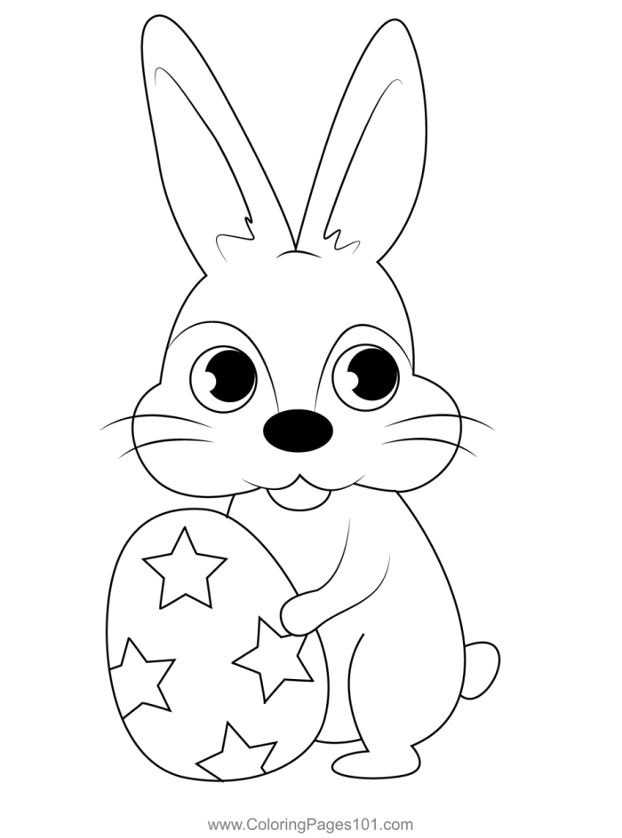 A friendly Easter bunny peeking out from behind a colorful decorated egg on a kindergarten coloring worksheet