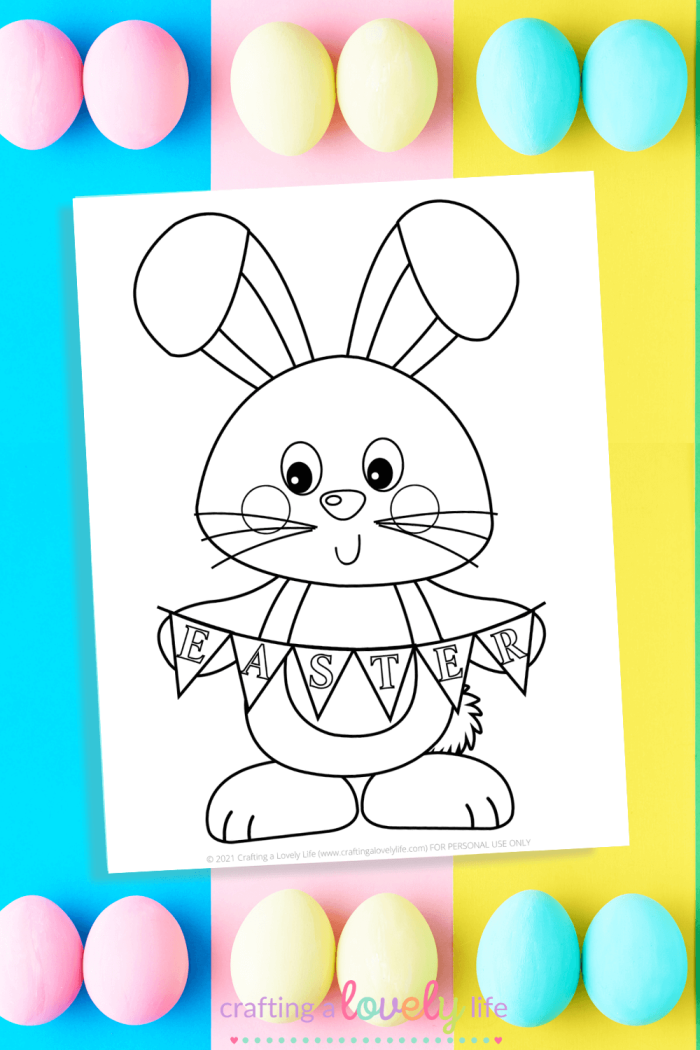 A friendly Easter Bunny peeking behind a colorful egg on a kindergarten coloring worksheet
