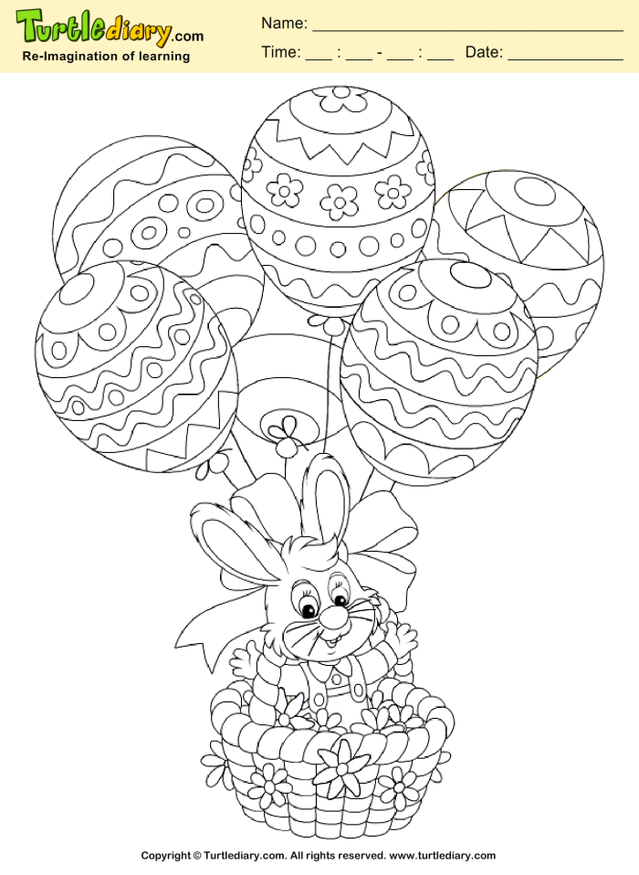 Easter Bunny peeking from behind a decorated egg on a coloring page for kindergarten students