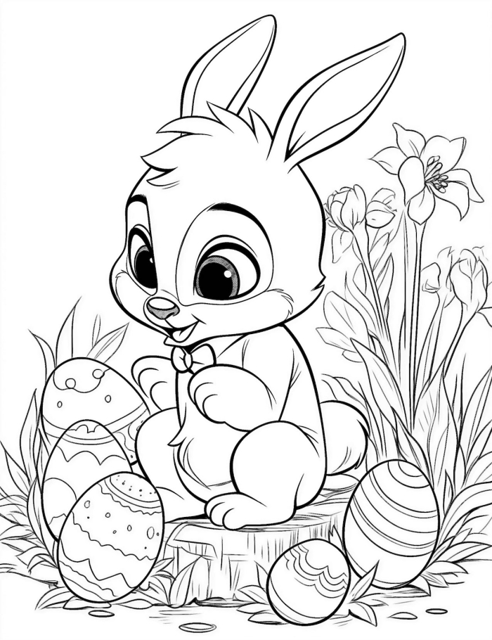 Kindergarten student coloring a cheerful Easter Bunny peeking behind a large decorated egg