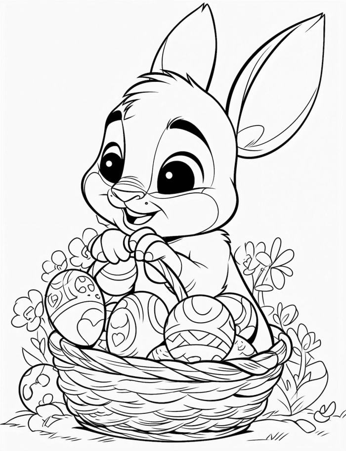 Kindergarten worksheet featuring an Easter Bunny peeking behind a decorated egg for coloring