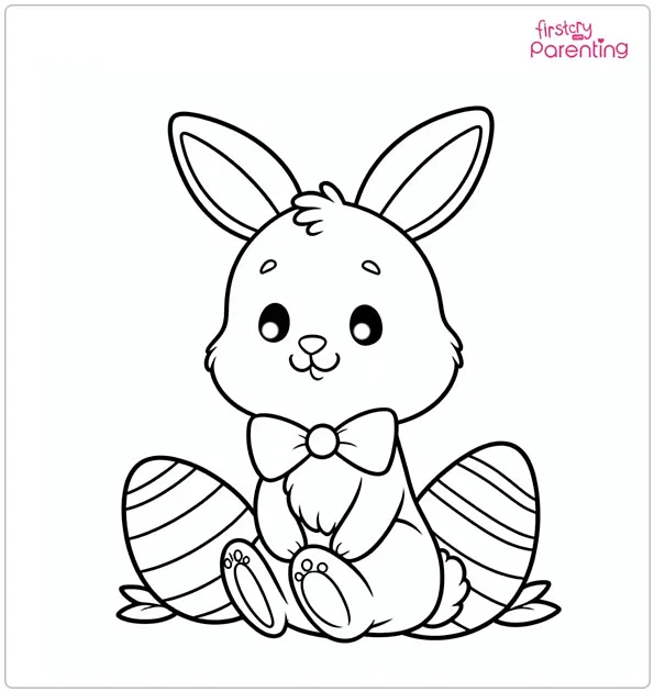 Kindergarten students coloring a friendly rabbit peeking from behind an Easter egg on worksheet 23
