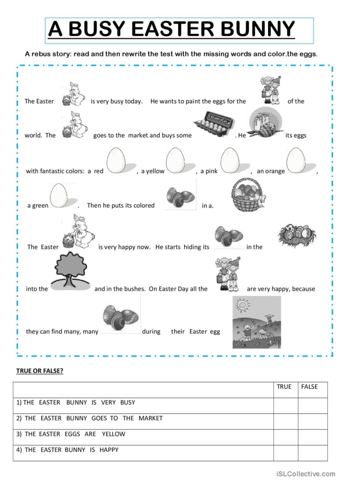 First grade Easter Bunny story worksheet with fill-in-the-blank sentences and spring illustrations for practicing vocabulary and creative writing