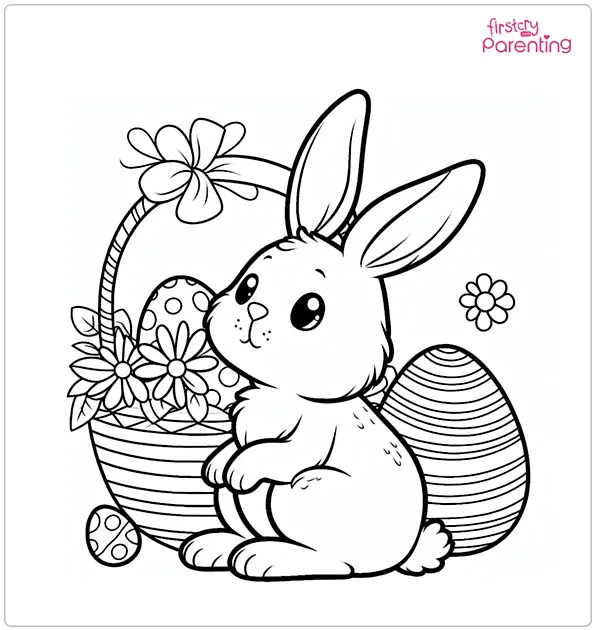 Easter Bunny peeking behind a large decorated egg on a kindergarten coloring worksheet