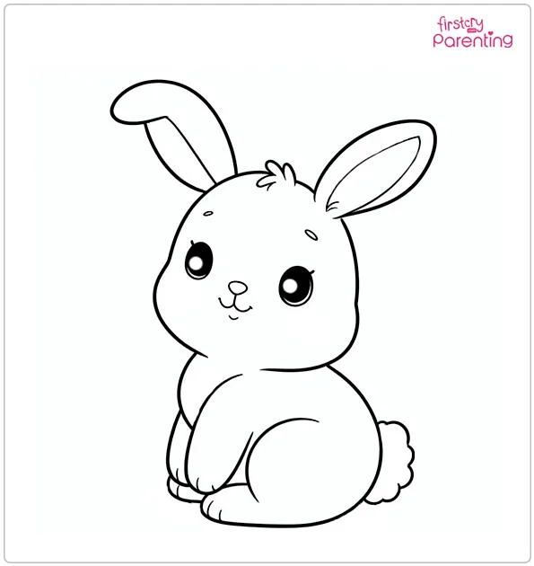 Easter Bunny peeking behind a colorful egg on a kindergarten coloring worksheet