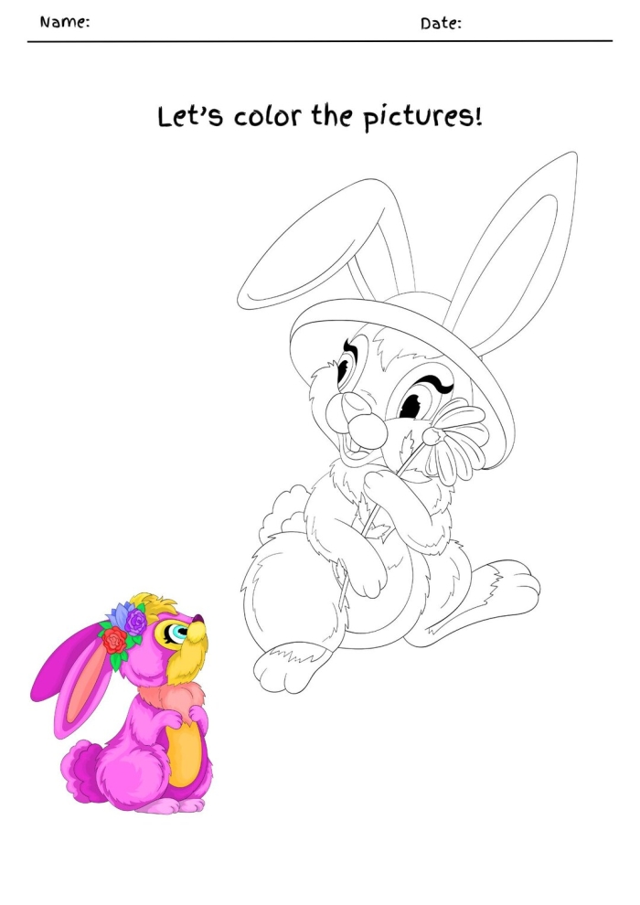 Kindergarten coloring worksheet featuring a cute Easter Bunny peeking out from behind a large decorative egg