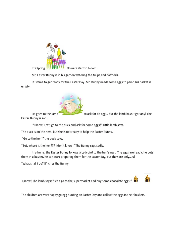 First grade Easter Bunny story worksheet with fill-in-the-blank sentences and colorful spring illustrations