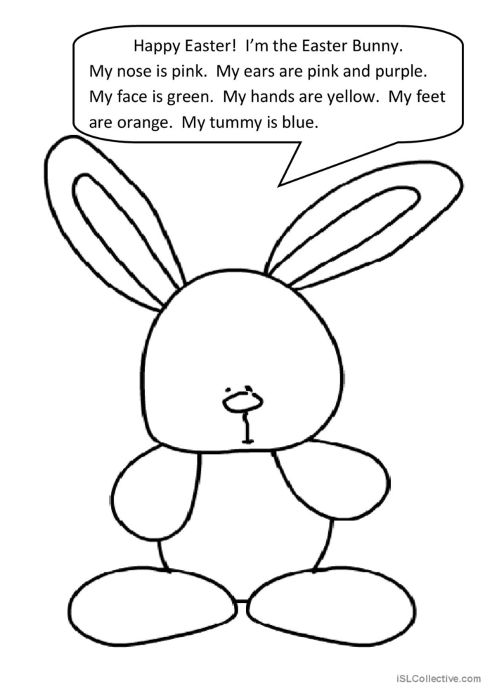 Pre-K students coloring Easter Bunny Stand-Ups worksheet for grammar and mechanics practice