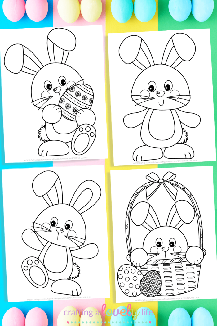 Easter Bunny peeking behind a decorated egg on a kindergarten coloring worksheet