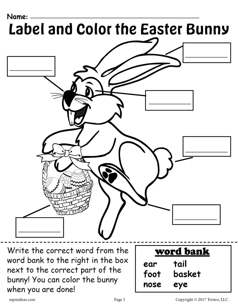 First grade student completing an Easter Bunny story fill-in worksheet for alphabet practice