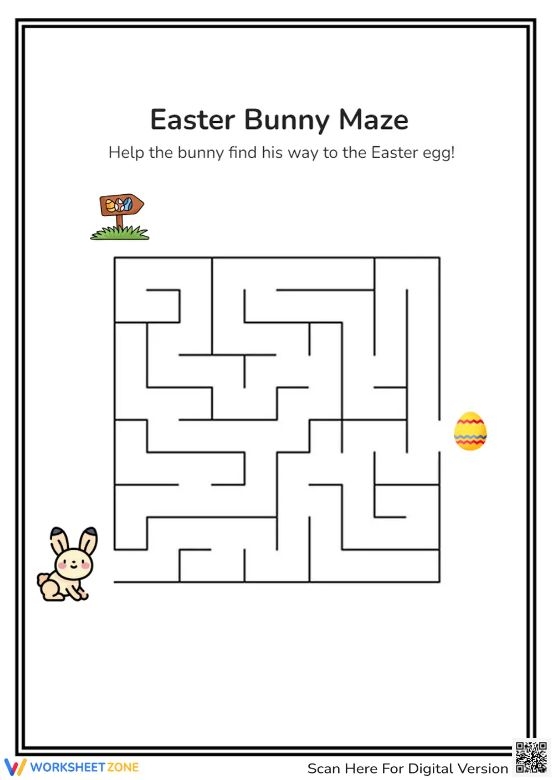 Easter Bunny Maze worksheet for Pre-K subtraction practice with egg collection theme