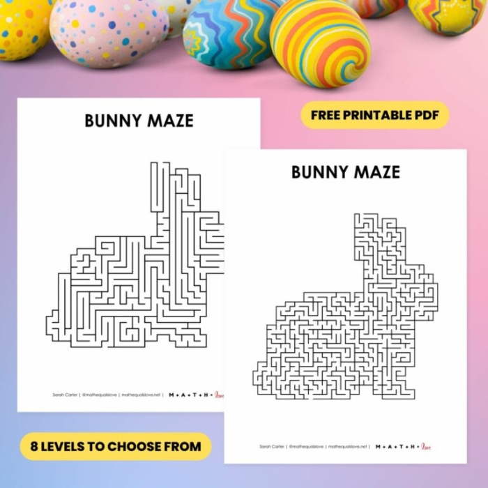 Easter Bunny maze worksheet for Pre-K subtraction practice with colorful eggs