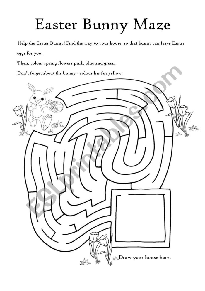 Easter Bunny navigating a colorful maze to collect eggs for a fun subtraction activity