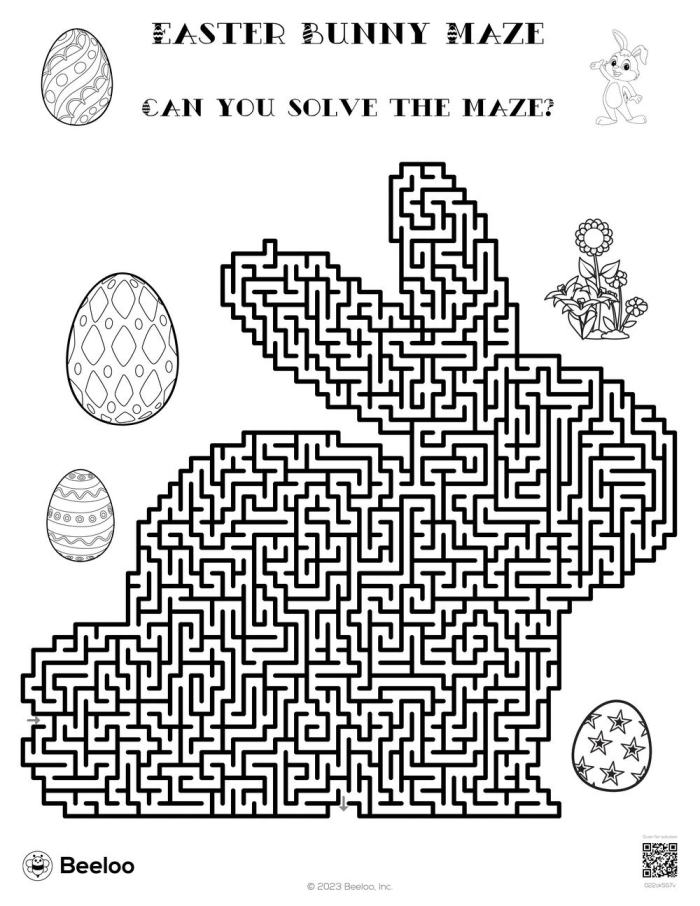 Easter Bunny navigating through a maze to collect colorful eggs for his holiday basket