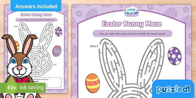 Easter Bunny maze worksheet for Pre-K subtraction practice collecting eggs