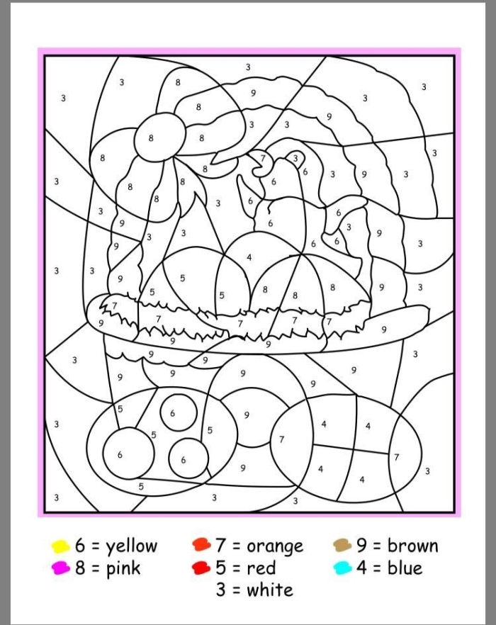 Easter Bunny Color By Number Worksheet for Kids A kindergarten student coloring a bouncing bunny with Easter eggs using number recognition skills