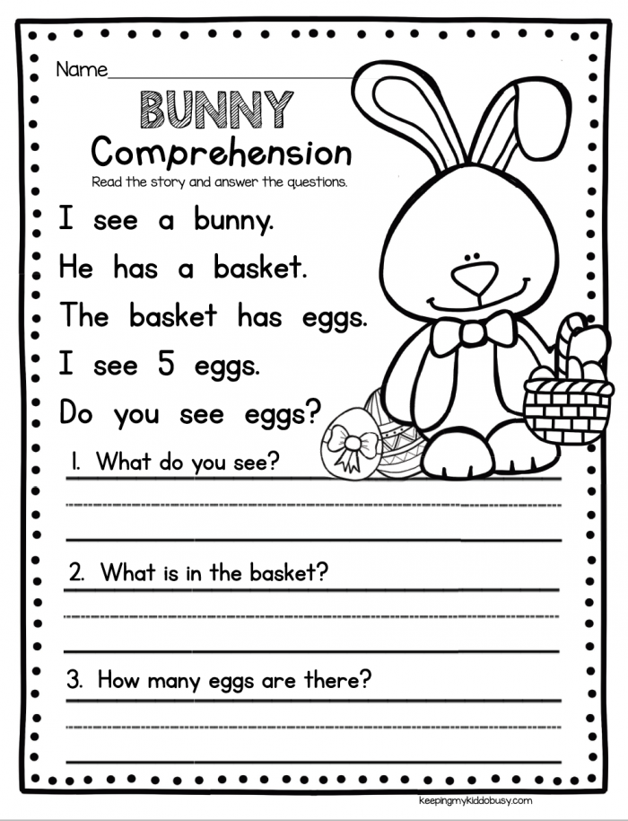First grade Easter Bunny story worksheet with fill-in-the-blank sentences and spring-themed illustrations for vocabulary practice