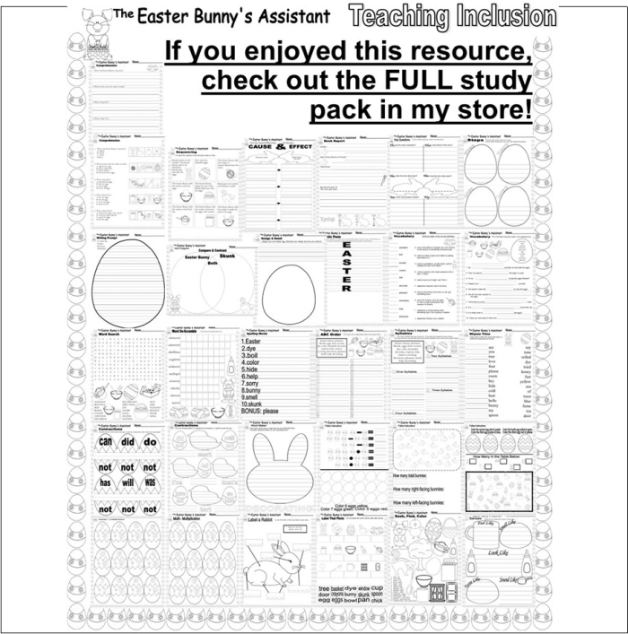 First grade student filling out an Easter Bunny Story vocabulary worksheet with spring-themed illustrations