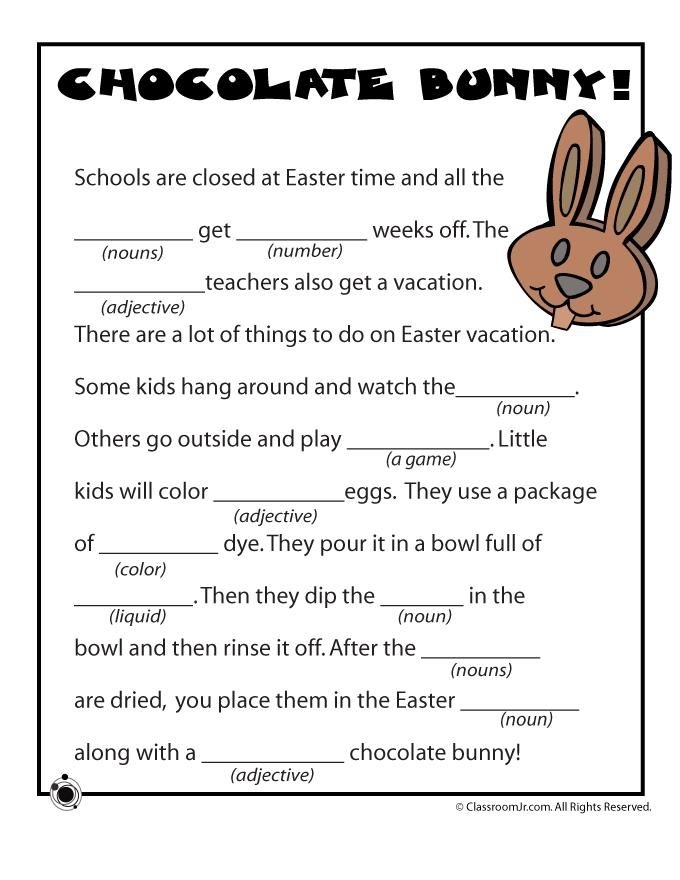 First grade student filling out an Easter Bunny story vocabulary worksheet with spring imagery