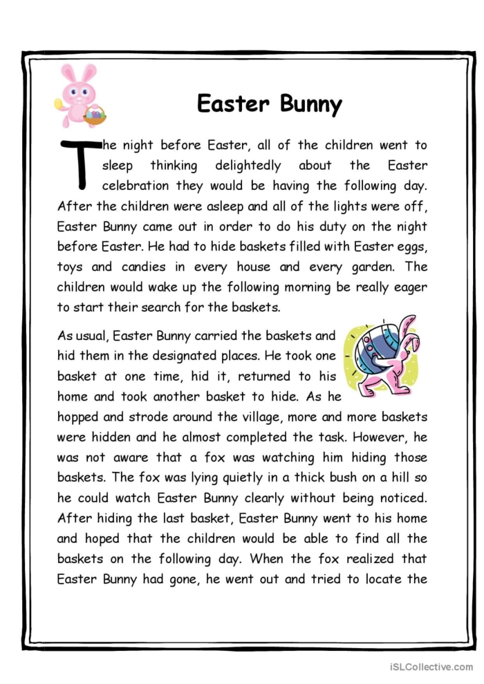 First grade Easter Bunny story worksheet with fill-in-the-blank sentences and colorful spring illustrations for vocabulary practice
