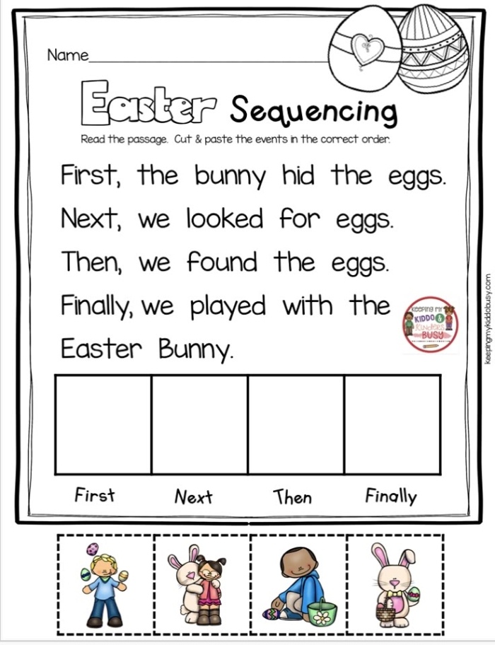 First grade student filling out an Easter Bunny Story vocabulary worksheet with springtime illustrations