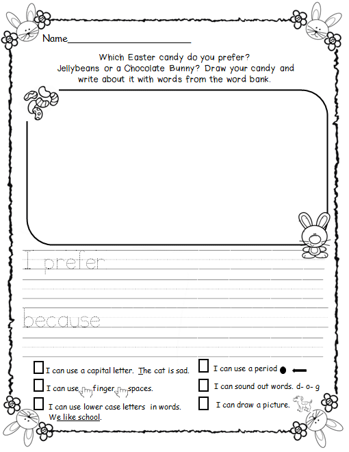 Easter Bunny writing prompt worksheet for second grade students Second grade Easter writing prompt worksheet featuring an illustration of the Easter Bunny