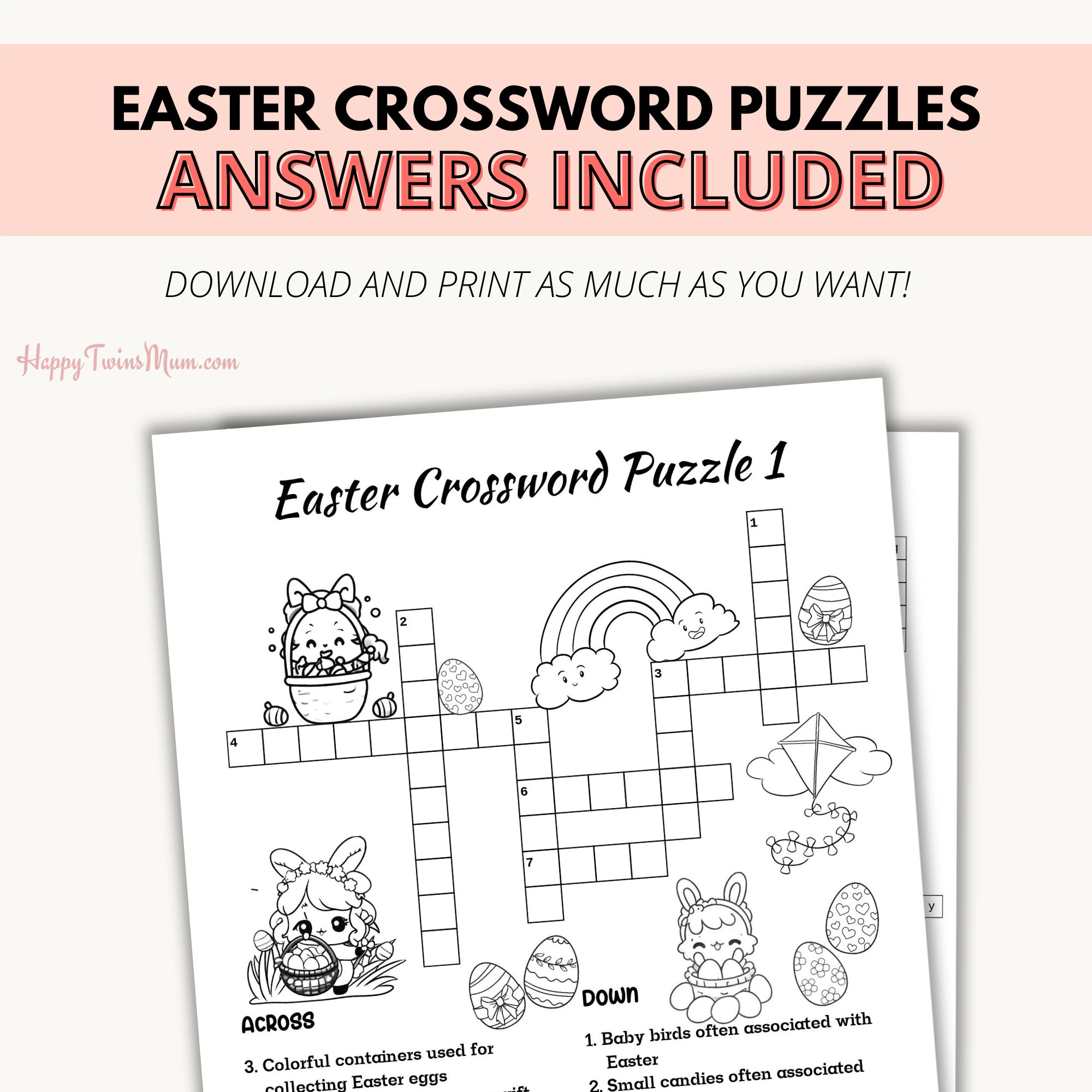 Colorful Easter-themed crossword puzzle worksheet for second grade students with Easter-related words and hints
